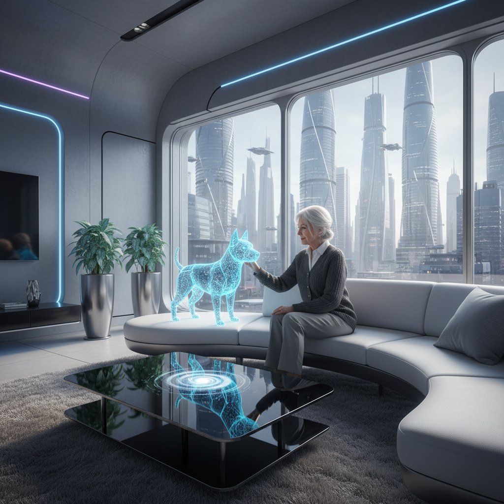Nowoczesny pokój dzienny, starsza osoba rozmawia z realistycznym cyfrowym psem na dużym ekranie, futurystyczny nastrój