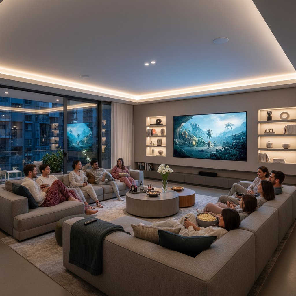 Modern living room, friends and family gathered for movie night, some sharing laughter, others quietly moved, moody lighting, 16:9