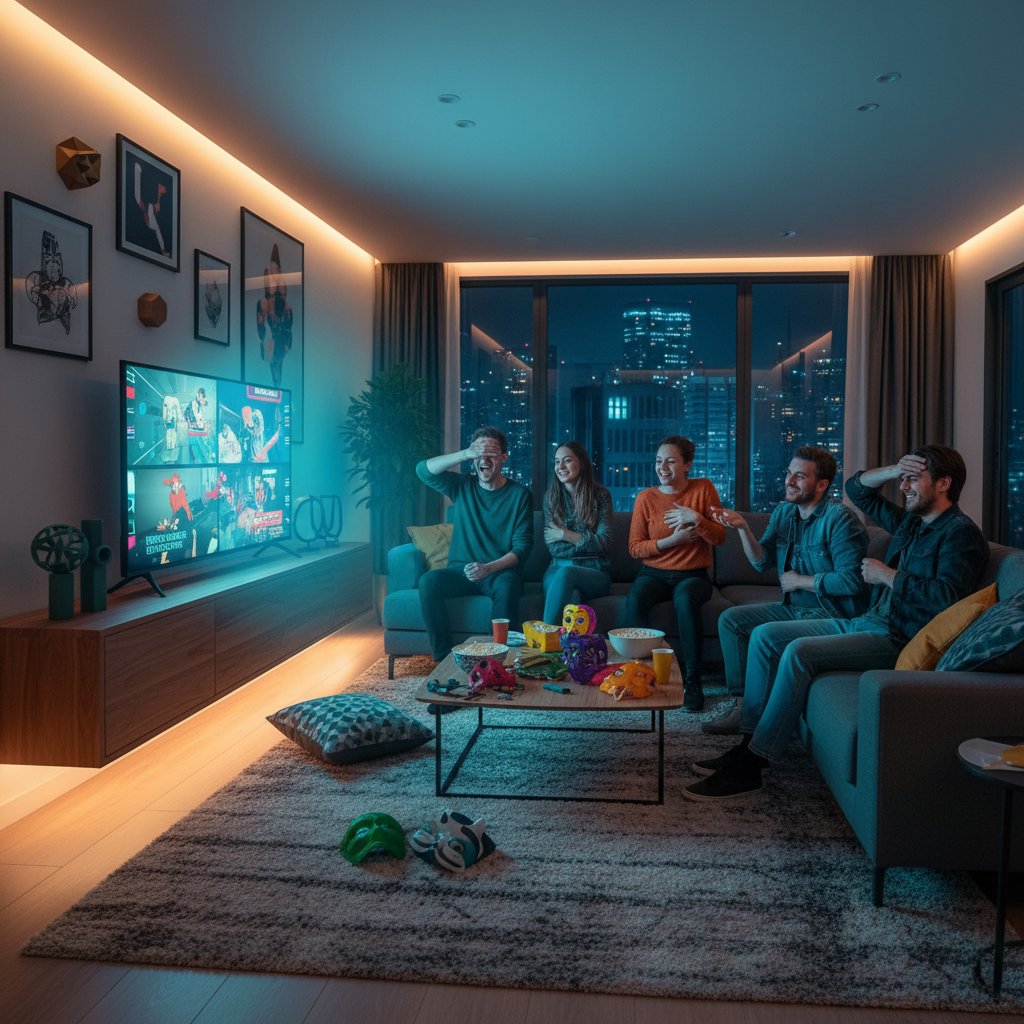 Friends discovering a cult comedy film together, laughing and cringing in a modern living room