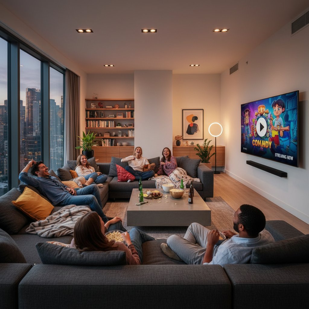 Modern living room, friends watching a new situational comedy movie streaming, excitement and surprise in faces