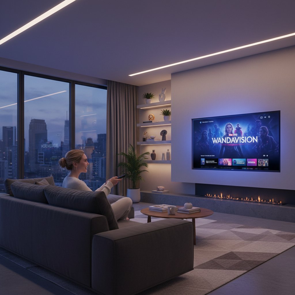 Elizabeth Olsen movies streaming at home with glowing TV in modern living room