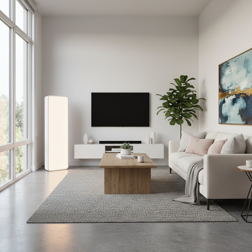 Nowoczesny salon z dużą lampą antydepresyjną, przytulne wnętrze, naturalne światło dzienne i jasne kolory