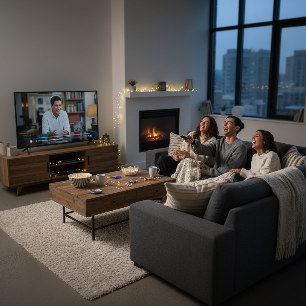 Modern living room, Murphy movie marathon on big screen, friends laughing, cozy mood