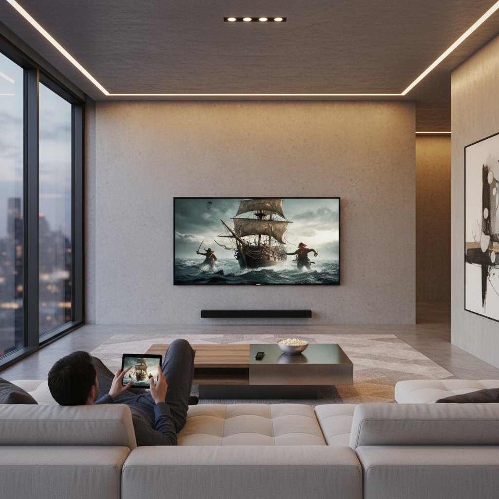 Modern living room, person scrolling pirate movies on smart TV