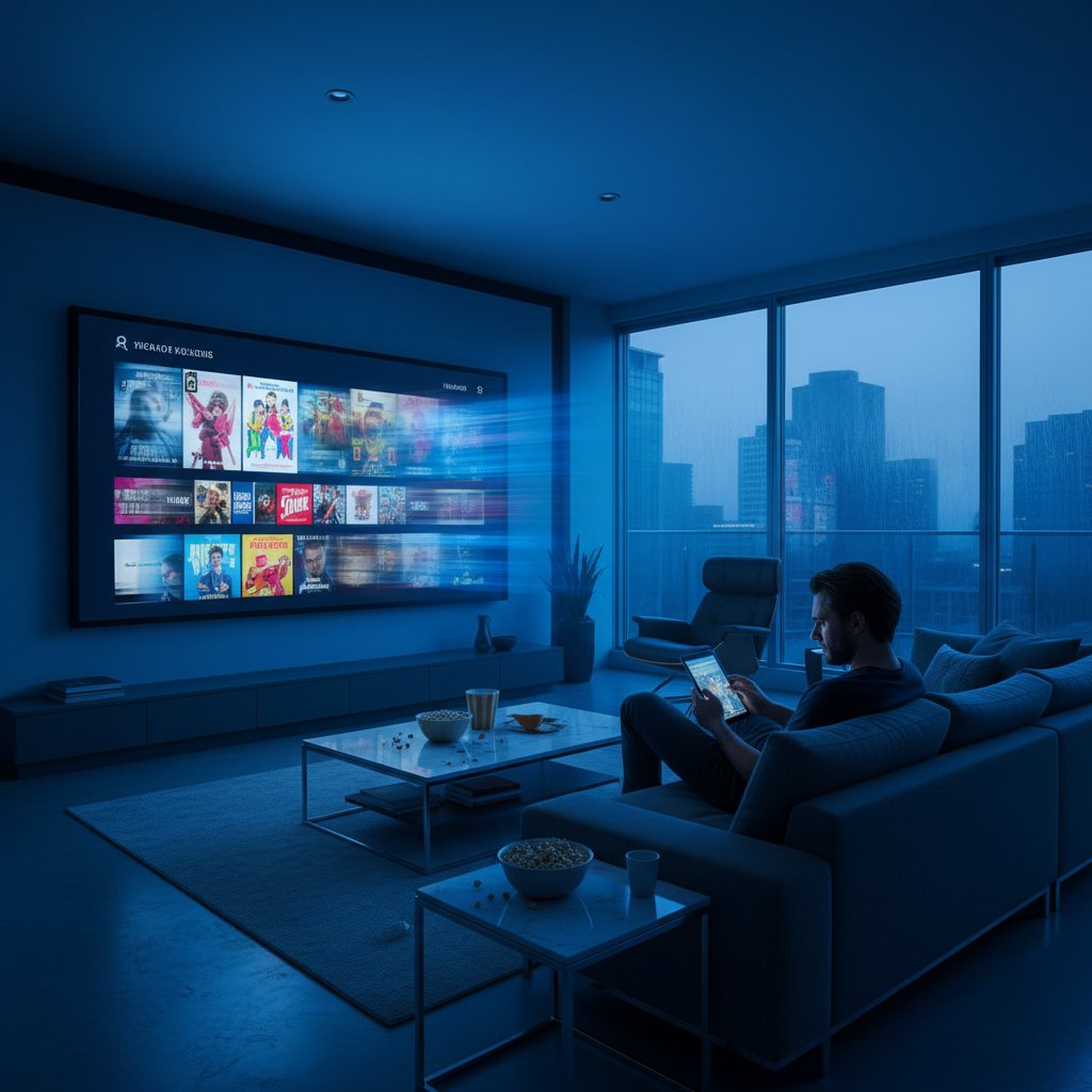 A modern living room at night, person scrolling through endless movie titles with a blue glow and a mood of quiet frustration