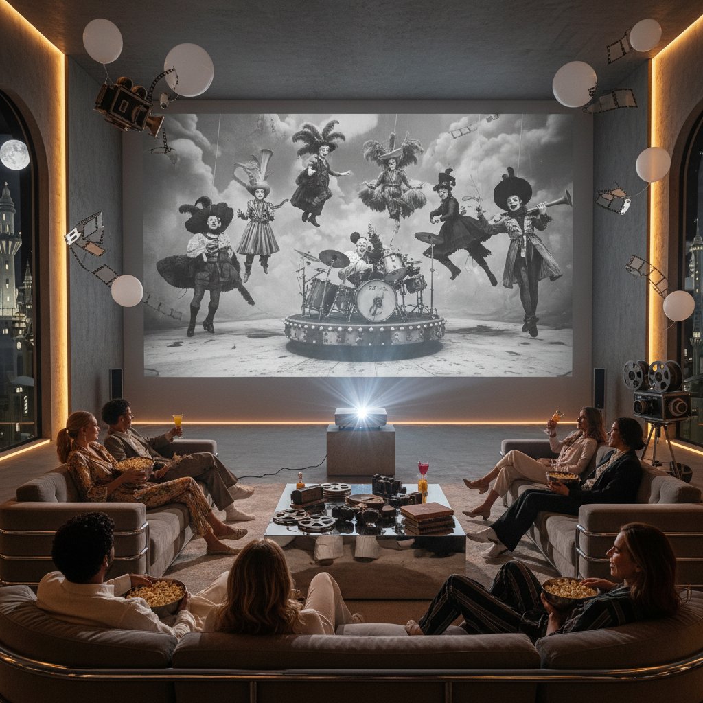 Group watching a surreal Federico Fellini movie at home