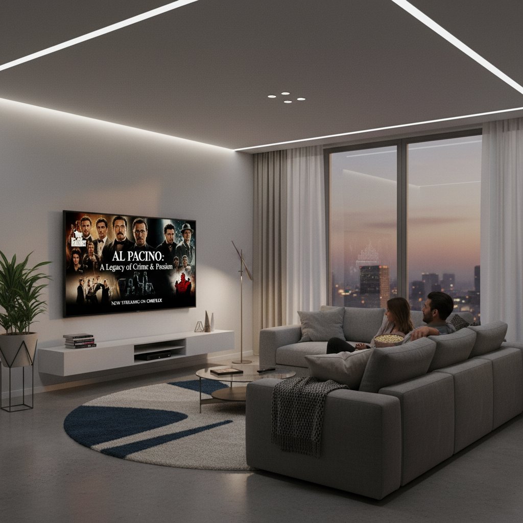 Modern living room with a streaming interface displaying Al Pacino movies, showing accessibility for new audiences