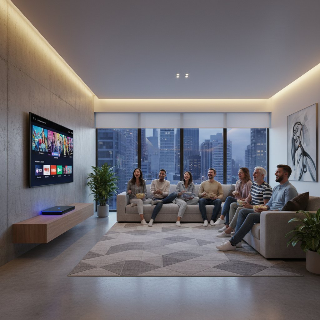 Modern living room with streaming device displaying a selection of racism movies, diverse group watching