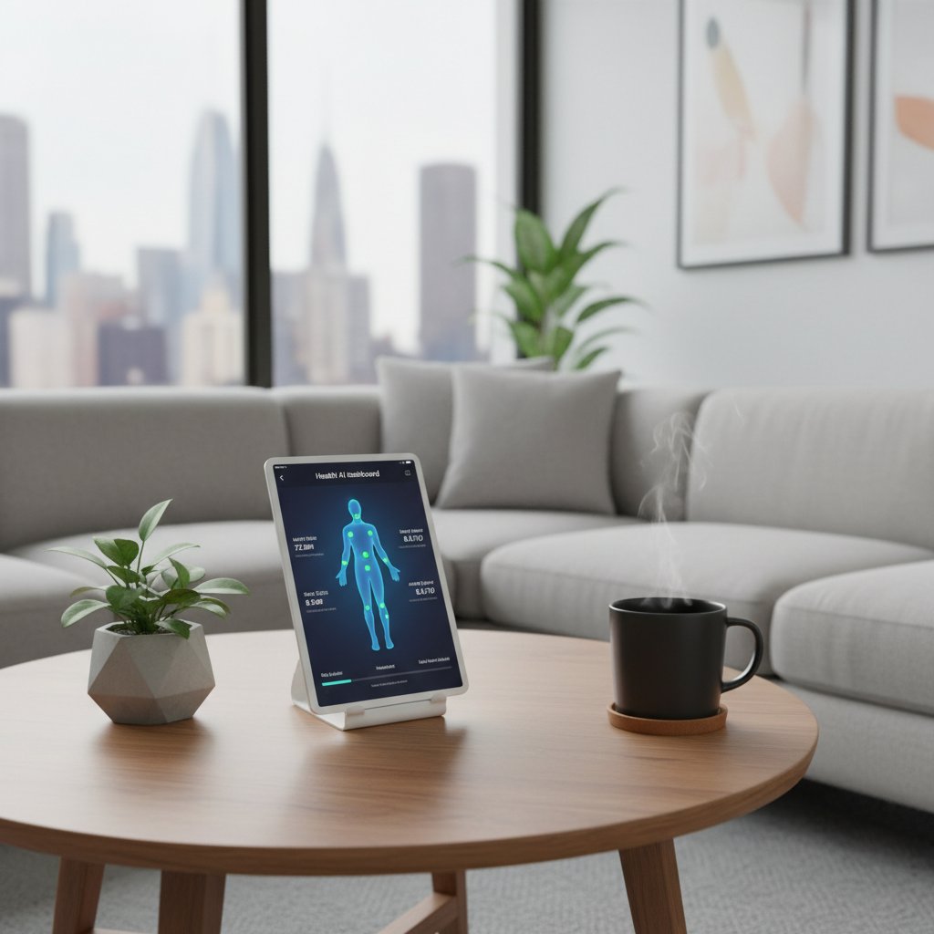 Nowoczesny salon, na stole tablet z otwartą aplikacją asystenta zdrowotnego AI, obok filiżanka kawy