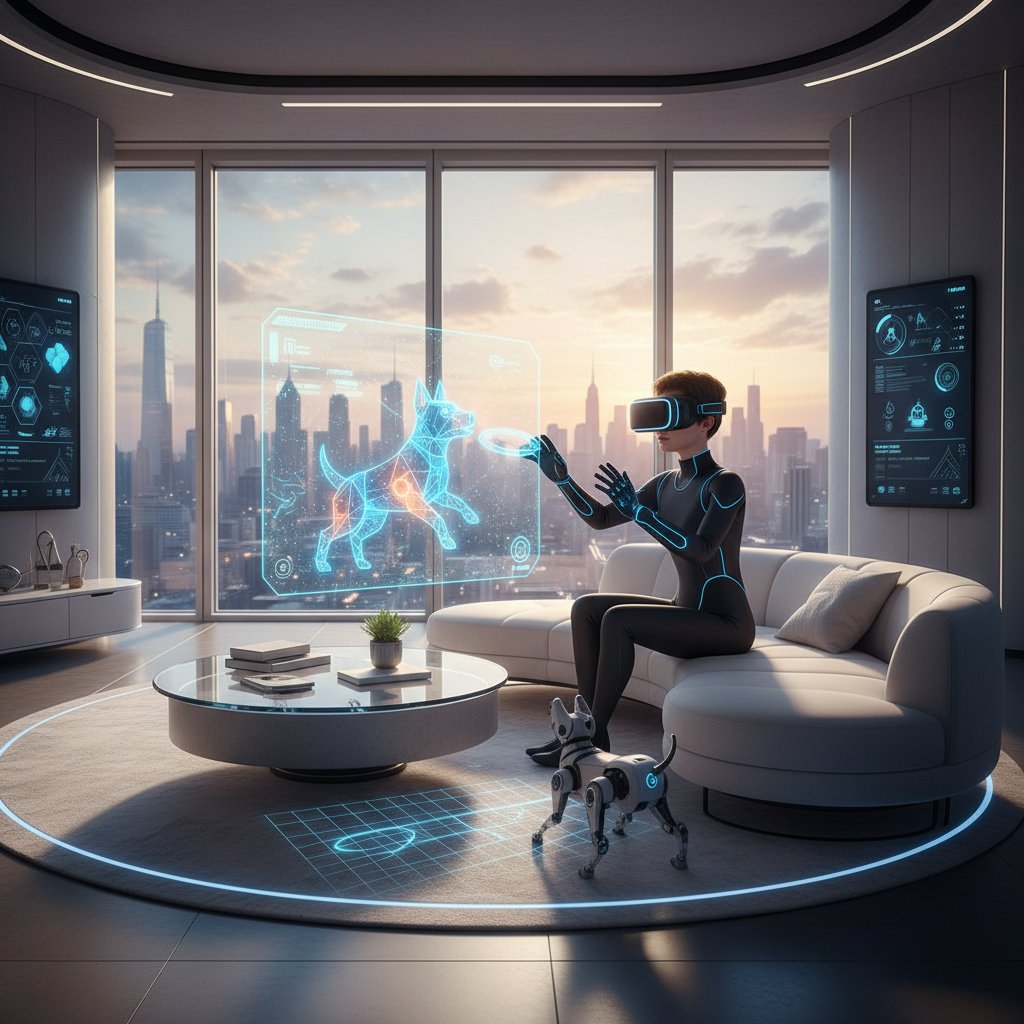 Nowoczesny salon z użytkownikiem korzystającym z gry z psem AI na tablecie, atmosfera innowacji