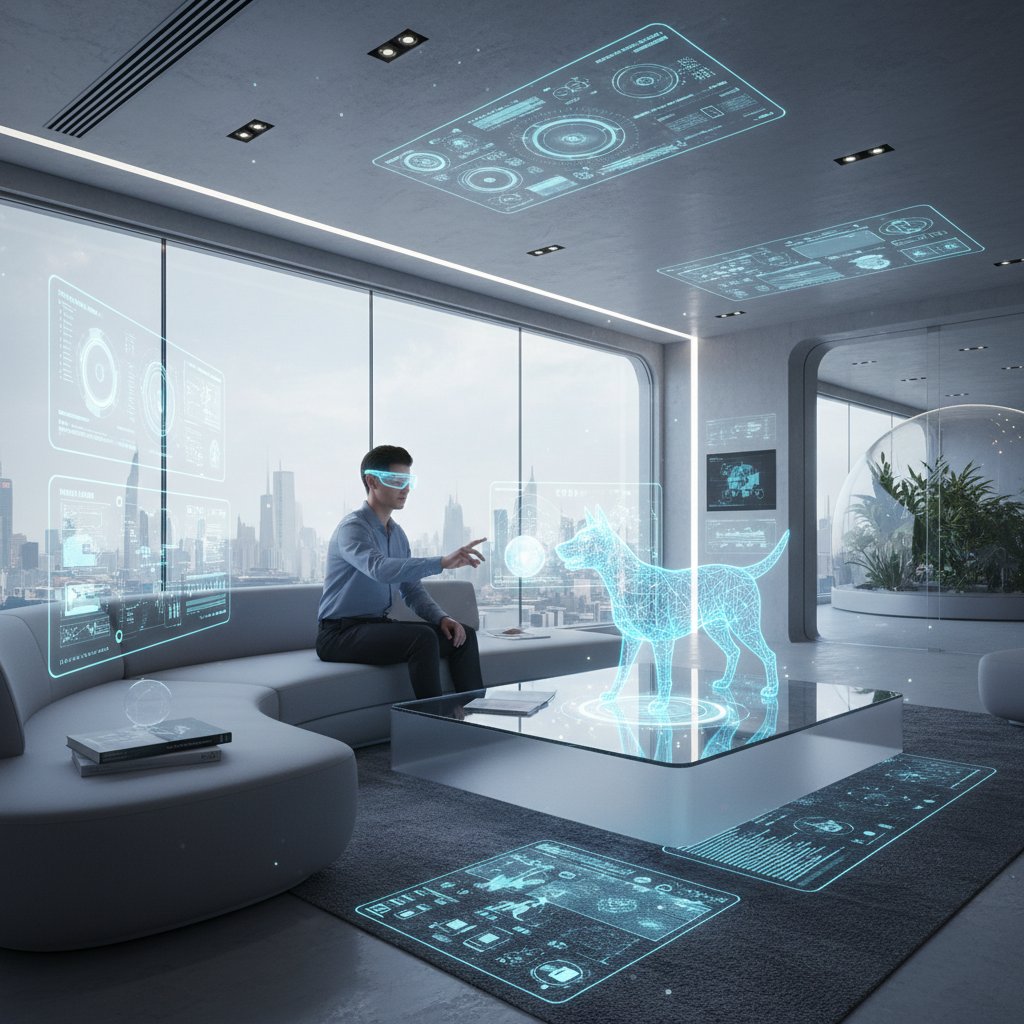 Nowoczesny salon, wirtualny pies AI wyświetlany przez okulary AR – przyszłość domowej opieki