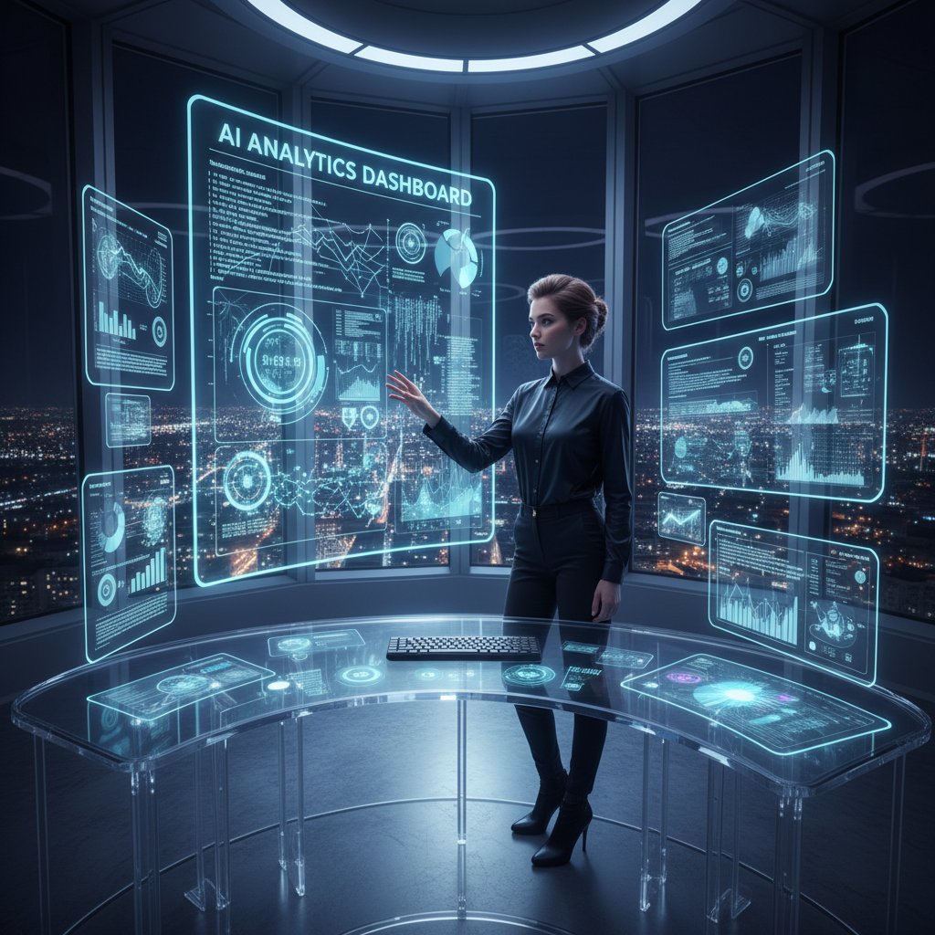 Nowoczesny marketer analizujący dane AI w biurze nocą