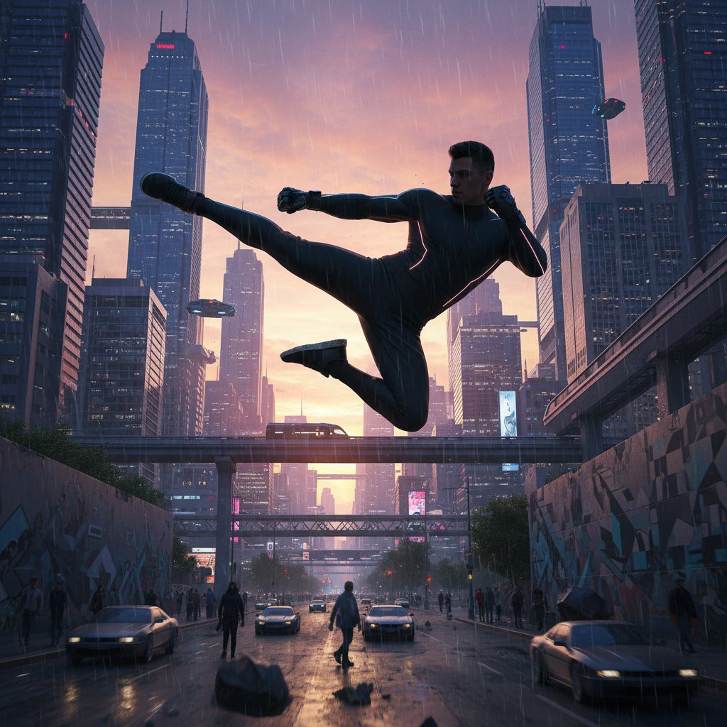Modern martial artist executing a high-flying move, urban backdrop, dynamic movement