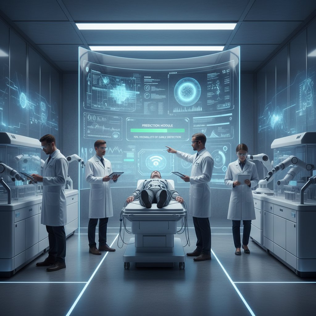 Nowoczesny sprzęt medyczny analizujący dane, inteligentne urządzenia i ekran z predykcjami