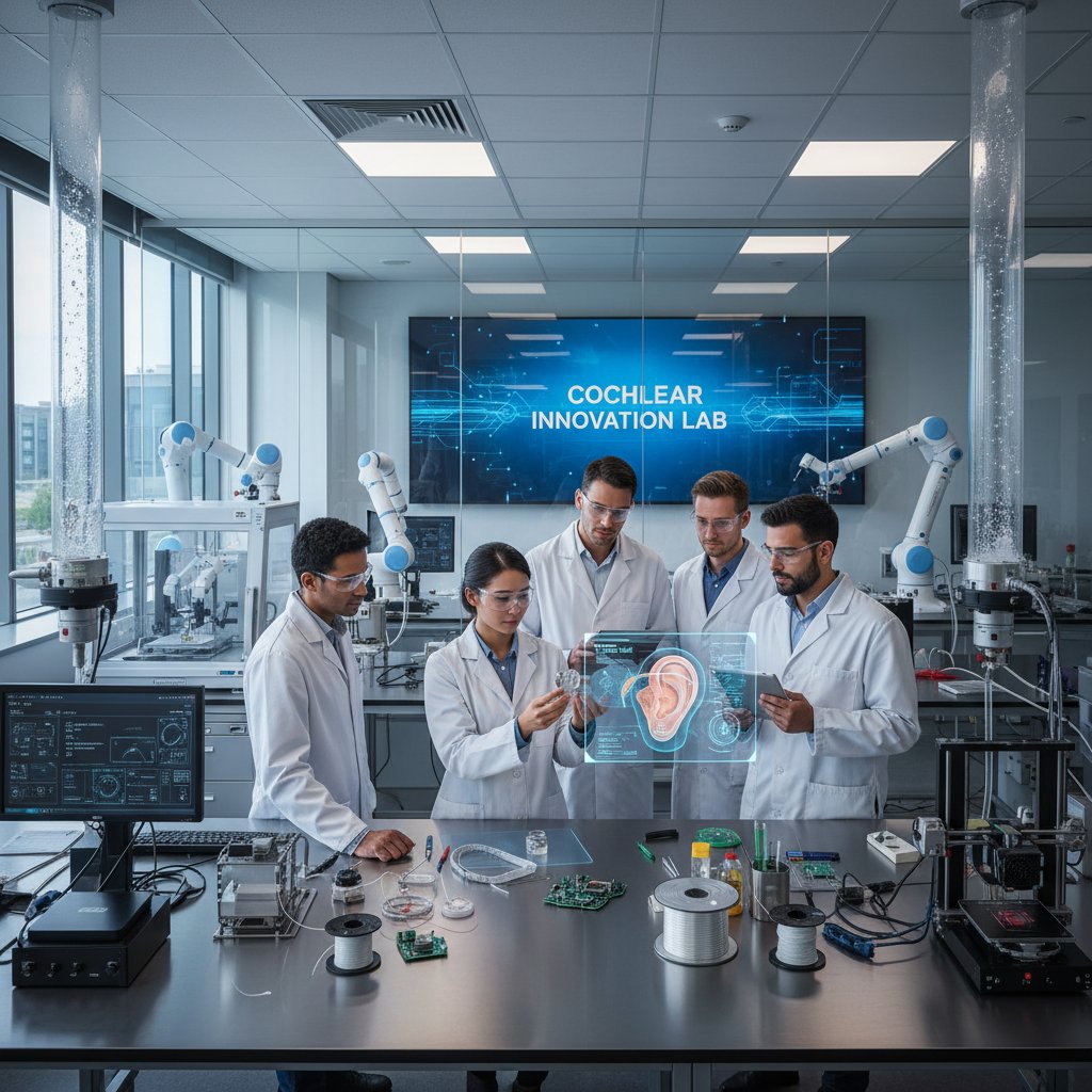 Nowoczesne laboratorium medyczne, inżynierowie pracujący nad implantem ślimakowym