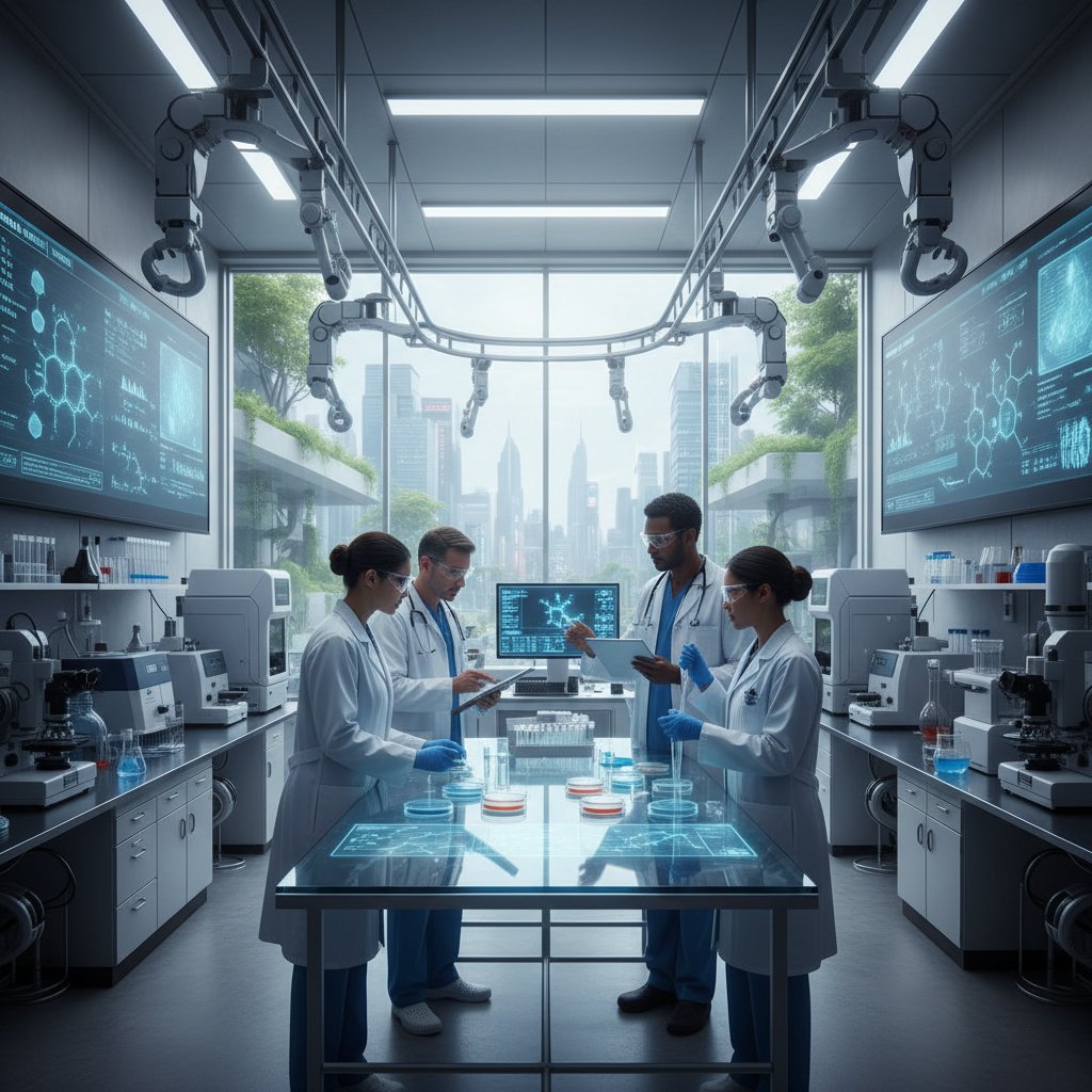 Nowoczesne laboratorium medyczne, zespół lekarzy analizuje wyniki badań