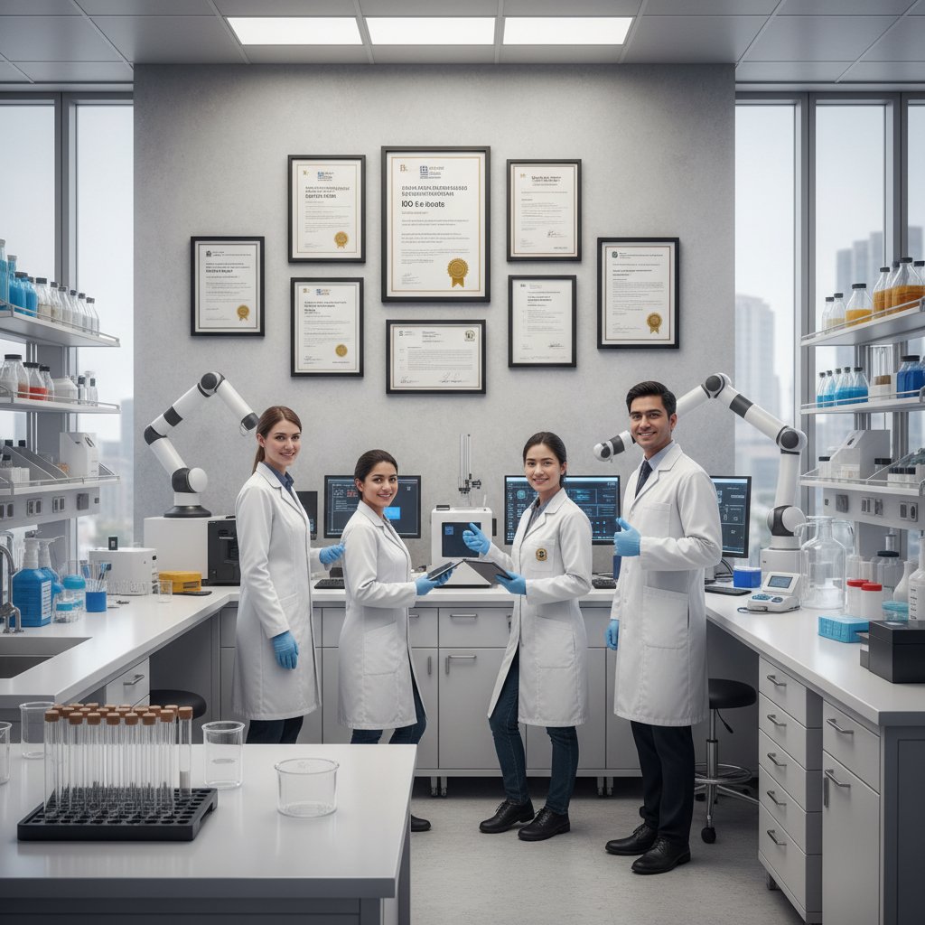 Nowoczesne laboratorium medyczne, certyfikaty na ścianie, zadowolony personel