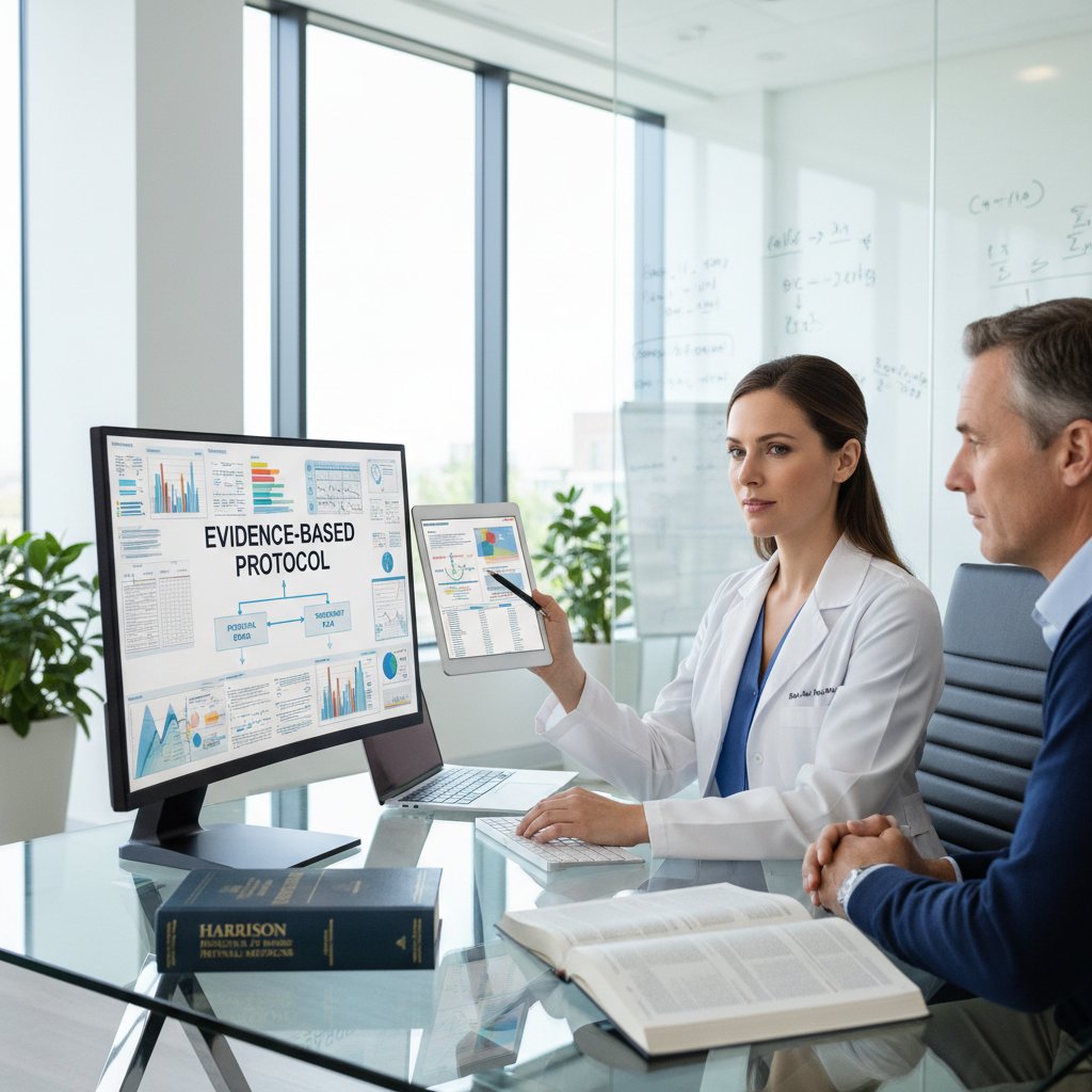 Nowoczesny gabinet lekarski i lekarz analizujący wyniki badań, symbolizujący medycynę opartą na dowodach