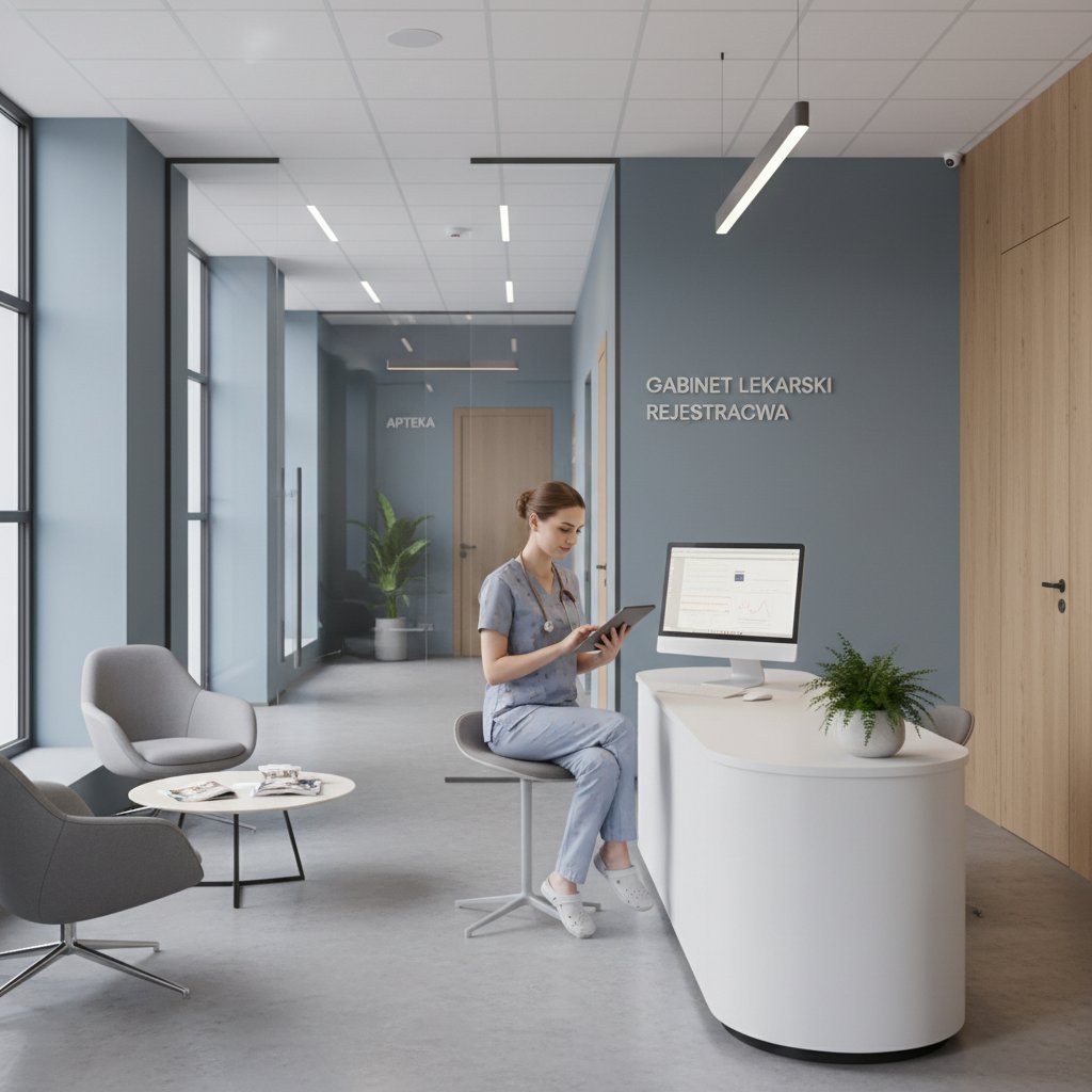 Pielęgniarka aktualizuje elektroniczną historię choroby na tablecie w gabinecie