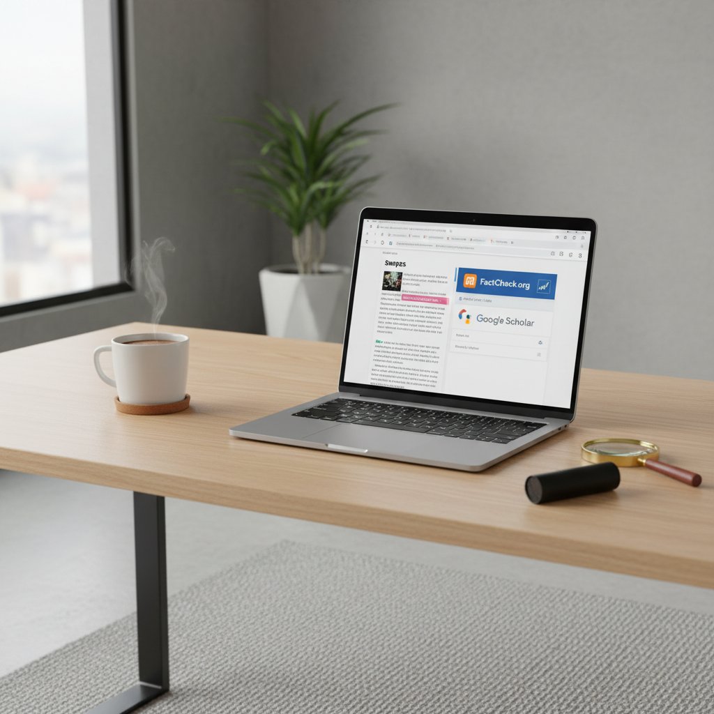 Nowoczesne biurko z laptopem i narzędziami do weryfikacji faktów