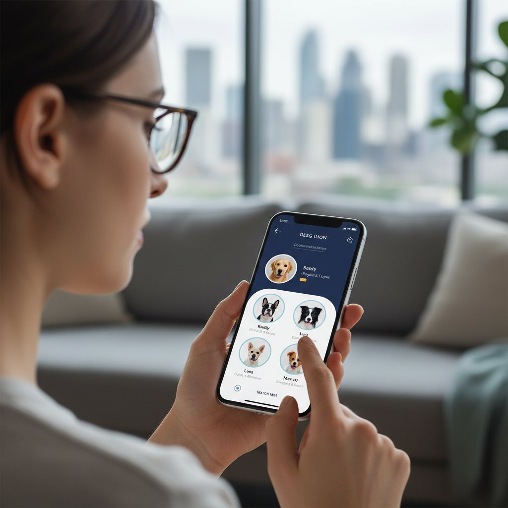 Nowoczesna aplikacja mobilna do wyboru psa, wiele opcji, użytkownik analizuje wyniki