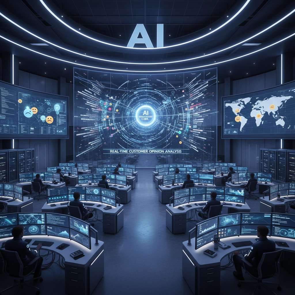 Nowoczesne centrum monitorowania analizujące opinie klientów w czasie rzeczywistym, sztuczna inteligencja AI