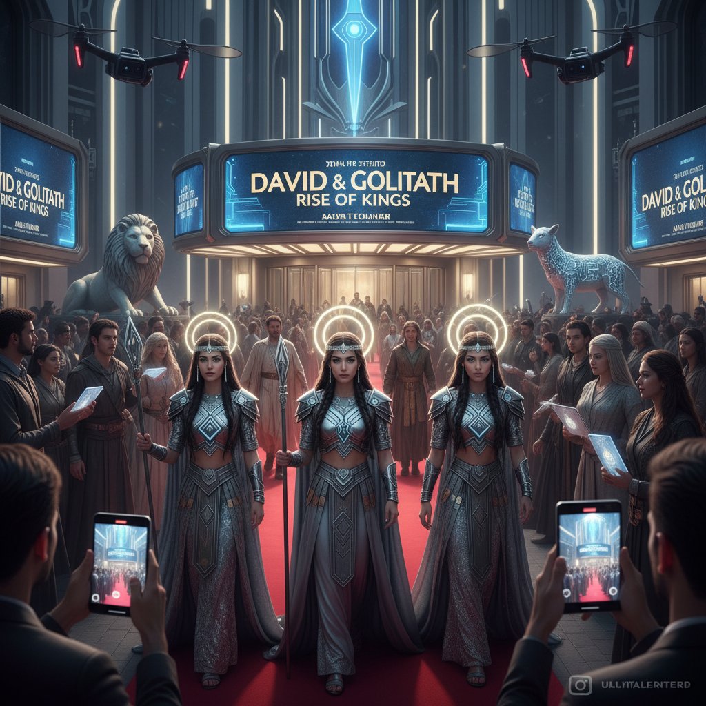 Modern movie premiere juxtaposed with actors in ancient biblical costumes, illustrating the enduring spectacle and relevance of biblical movie premieres