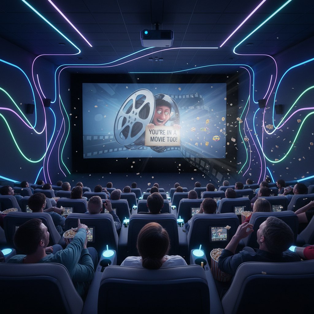 Photo of a modern movie theater, audience laughing together during a meta comedy screening