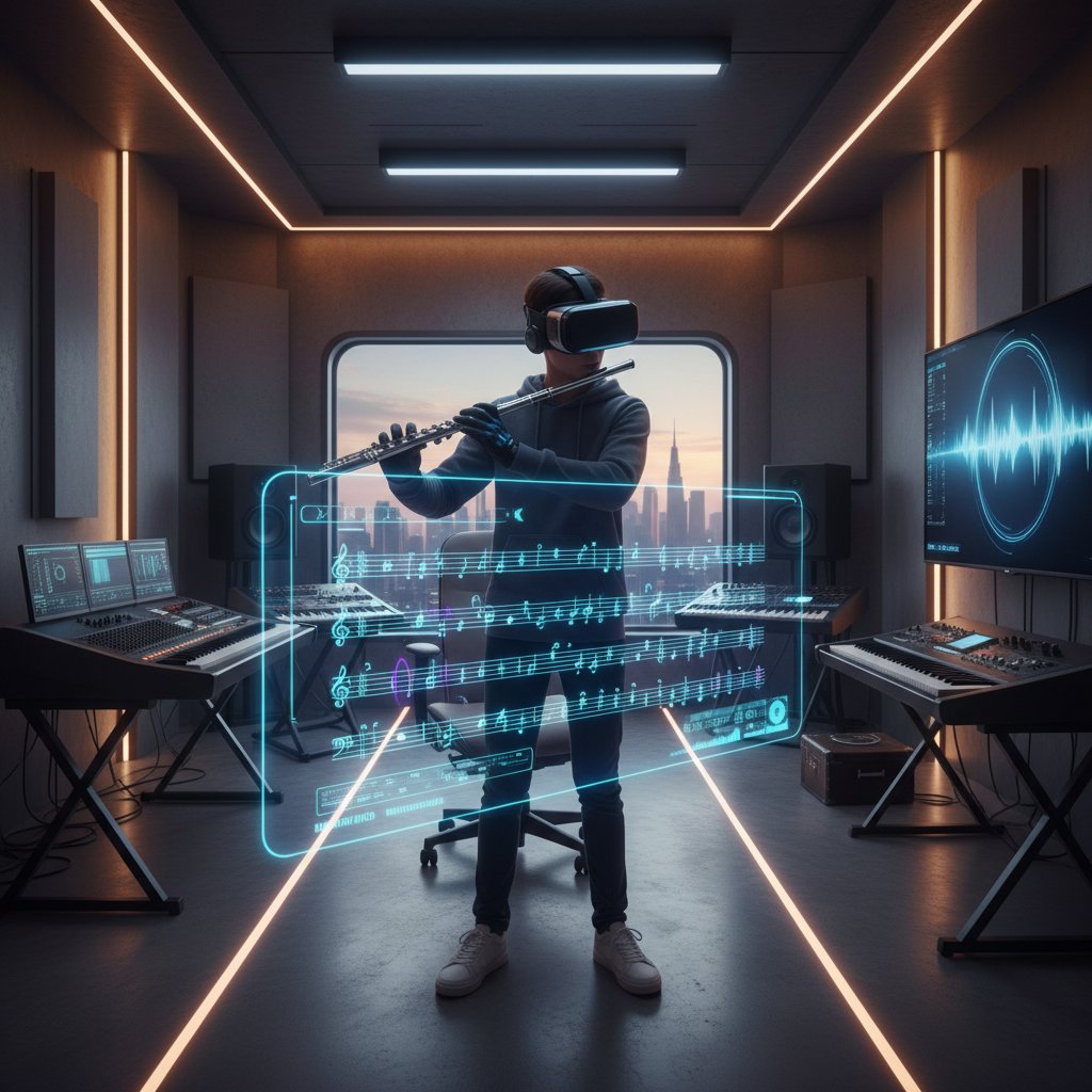 Nowoczesne studio muzyczne online, uczeń z okularami VR, interaktywne nuty na ekranie, flet