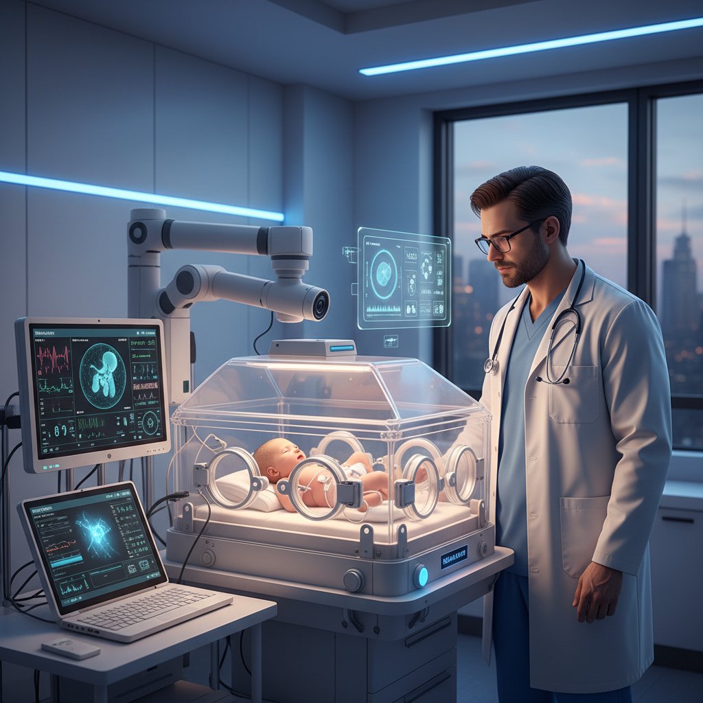 Nowoczesny sprzęt neonatologiczny, lekarz analizujący dane na monitorze AI