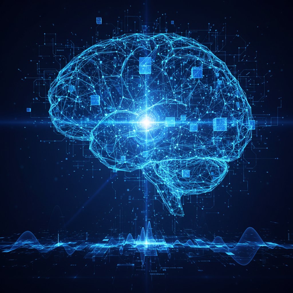 Schemat sieci neuronowej symulującej osobowość w cyfrowym stylu, zdominowany przez odcienie niebieskiego