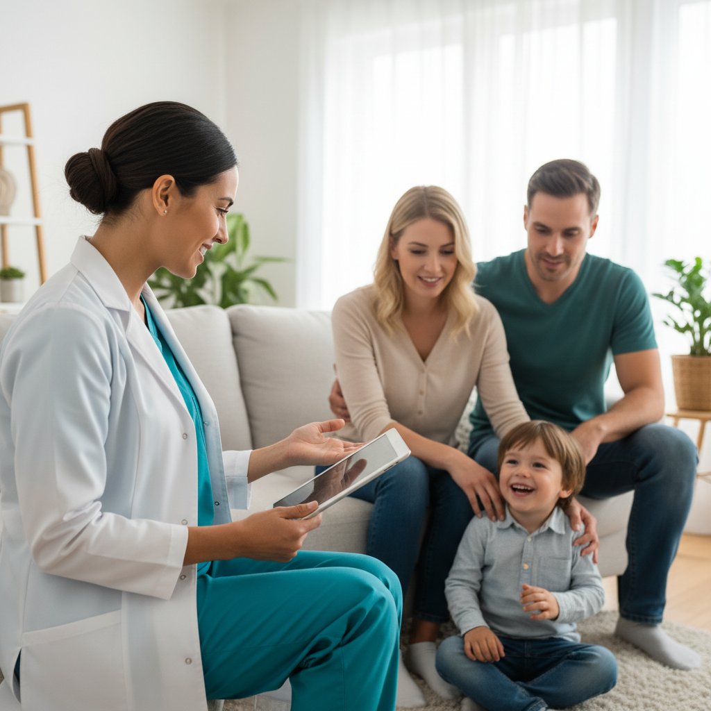 Nowoczesna położna podczas wizyty domowej z tabletem, polska rodzina, optymistyczna atmosfera