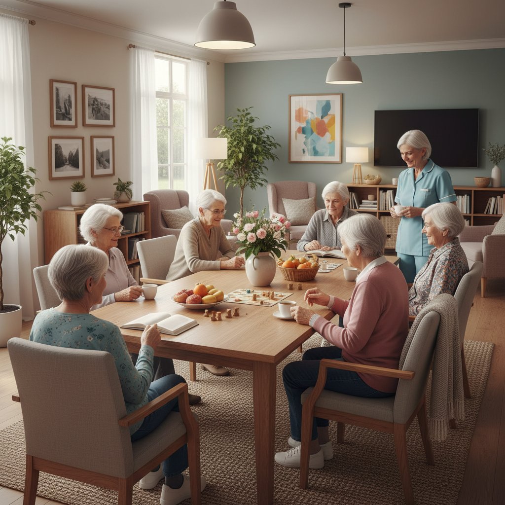 Nowoczesny dom opieki: wnętrze, starsze osoby przy wspólnym stole, atmosfera domowa