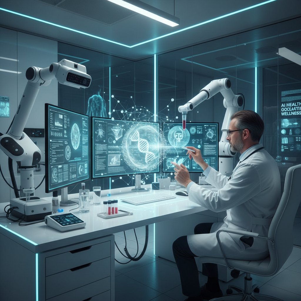 Nowoczesne laboratorium medycyny pracy z lekarzem korzystającym z narzędzi AI do analizy danych zdrowotnych
