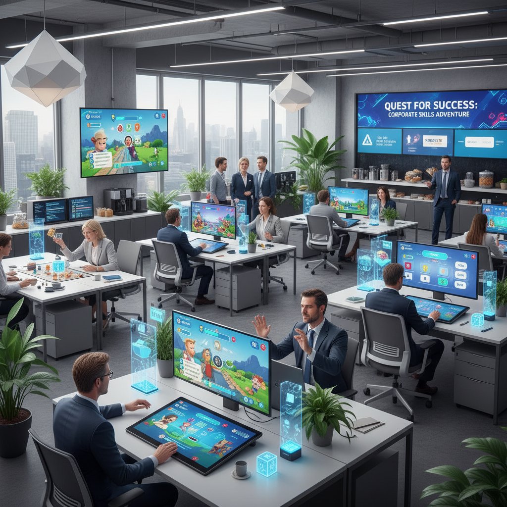 Gamifikacja w szkoleniach dla dorosłych – nowoczesne biuro, pracownicy zaangażowani w cyfrowe moduły