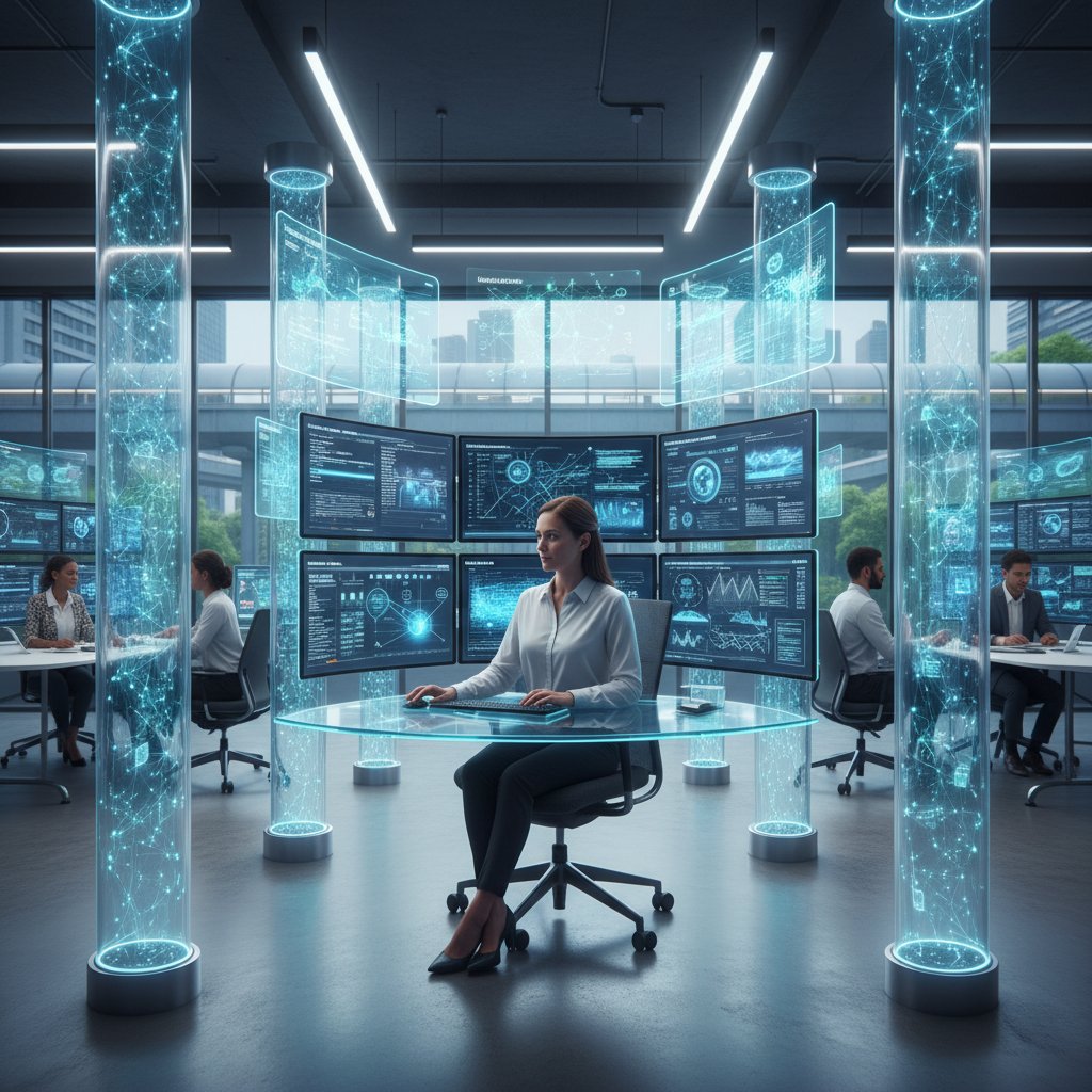 Nowoczesne biuro, specjalista korzystający z AI do analizy informacji specjalistycznych