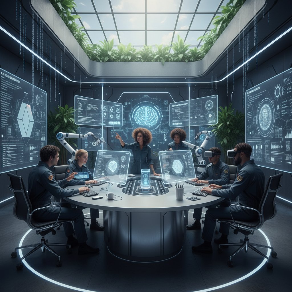 Nowoczesne biuro z AI, kreatywny zespół korzysta z narzędzi AI do testowania pomysłów, innowacyjność i intensywność