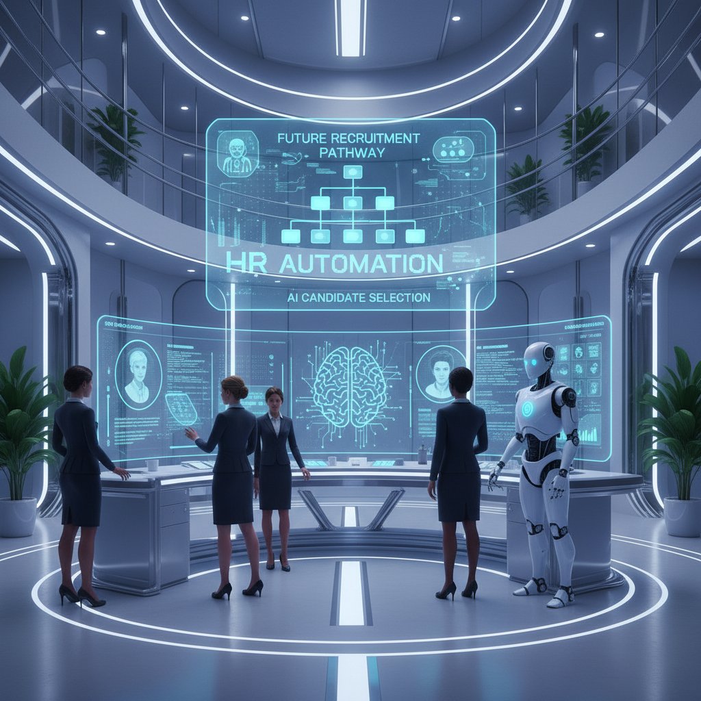 Nowoczesne biuro z AI, słowa kluczowe: przyszłość rekrutacji, selekcja kandydatów, automatyzacja HR