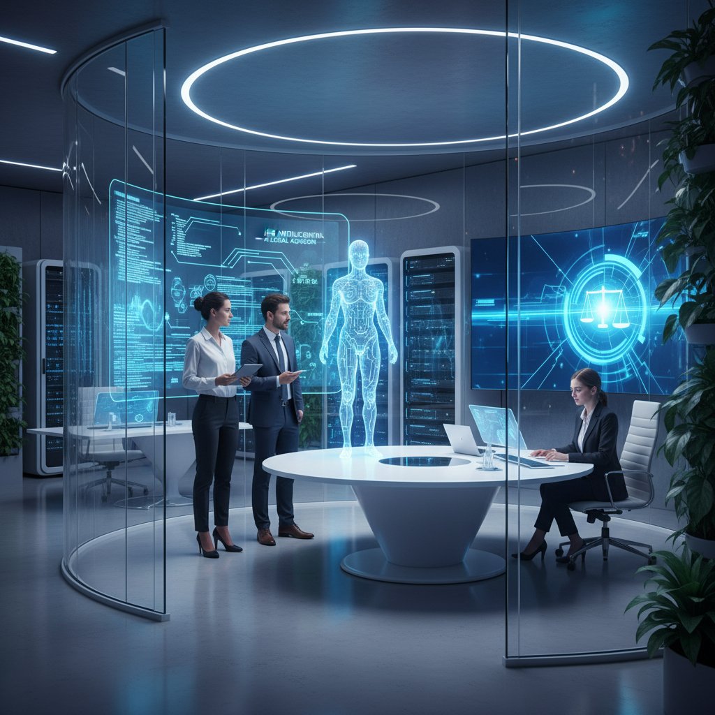 Nowoczesne biuro z ekranami ukazującymi dane i AI w usługach prawnych online