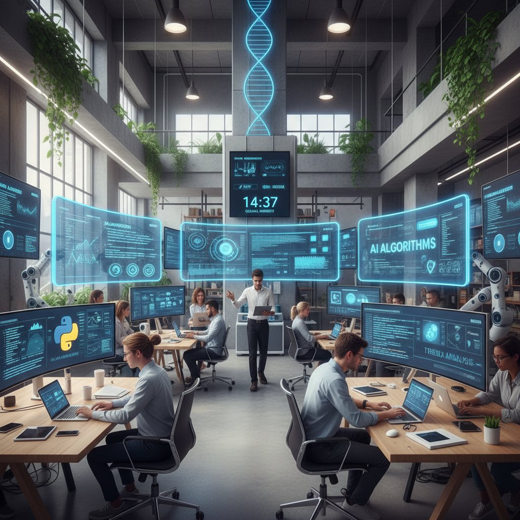 Nowoczesne biuro z zespołem analizującym trendy AI python na ekranach komputerów