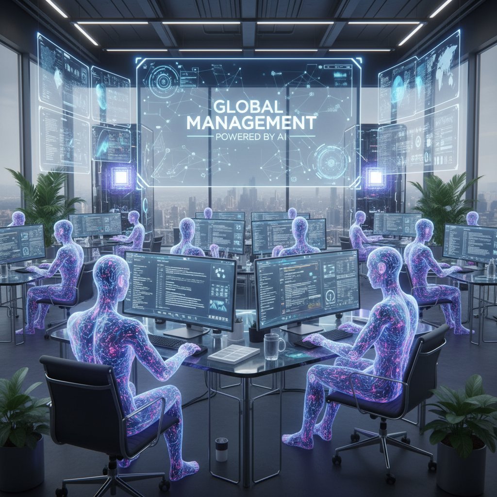 Nowoczesne biuro z AI i wirtualnymi pracownikami obsługującymi skrzynki mailowe