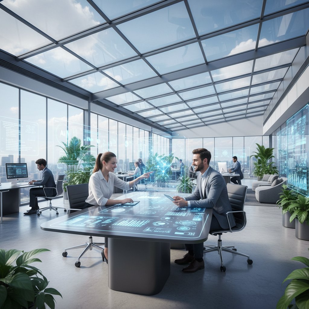 Nowoczesne biuro z komputerami, kobieta i mężczyzna współpracujący przy użyciu AI, motyw szklanego sufitu