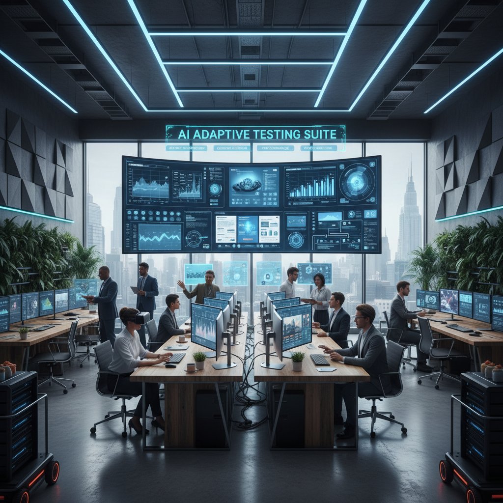 Nowoczesne biuro, marketerzy korzystają z AI do analizy wyników testów reklam