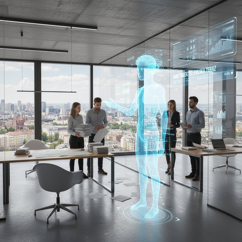 Nowoczesne biuro z komputerem i AI, w tle chaos papierowych dokumentów, scena z polskiego miasta