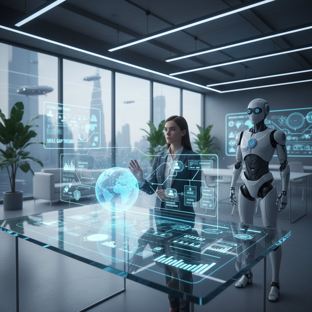 Nowoczesne biuro z osobą korzystającą z AI, poradniki online na ekranach, motyw efektywności