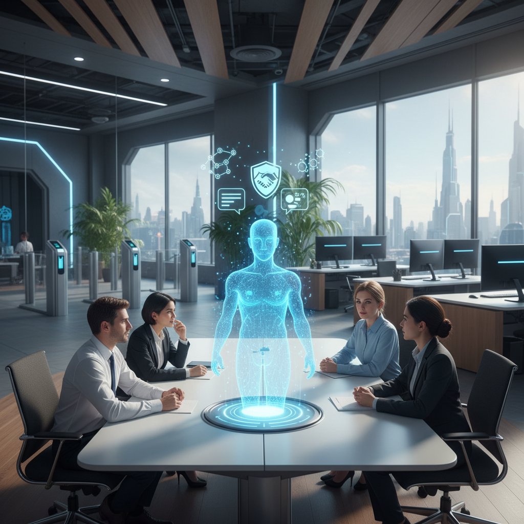 Nowoczesne biuro, wyświetlacz z AI rozmawiającym z człowiekiem, atmosfera wsparcia i technologicznym zaufaniu