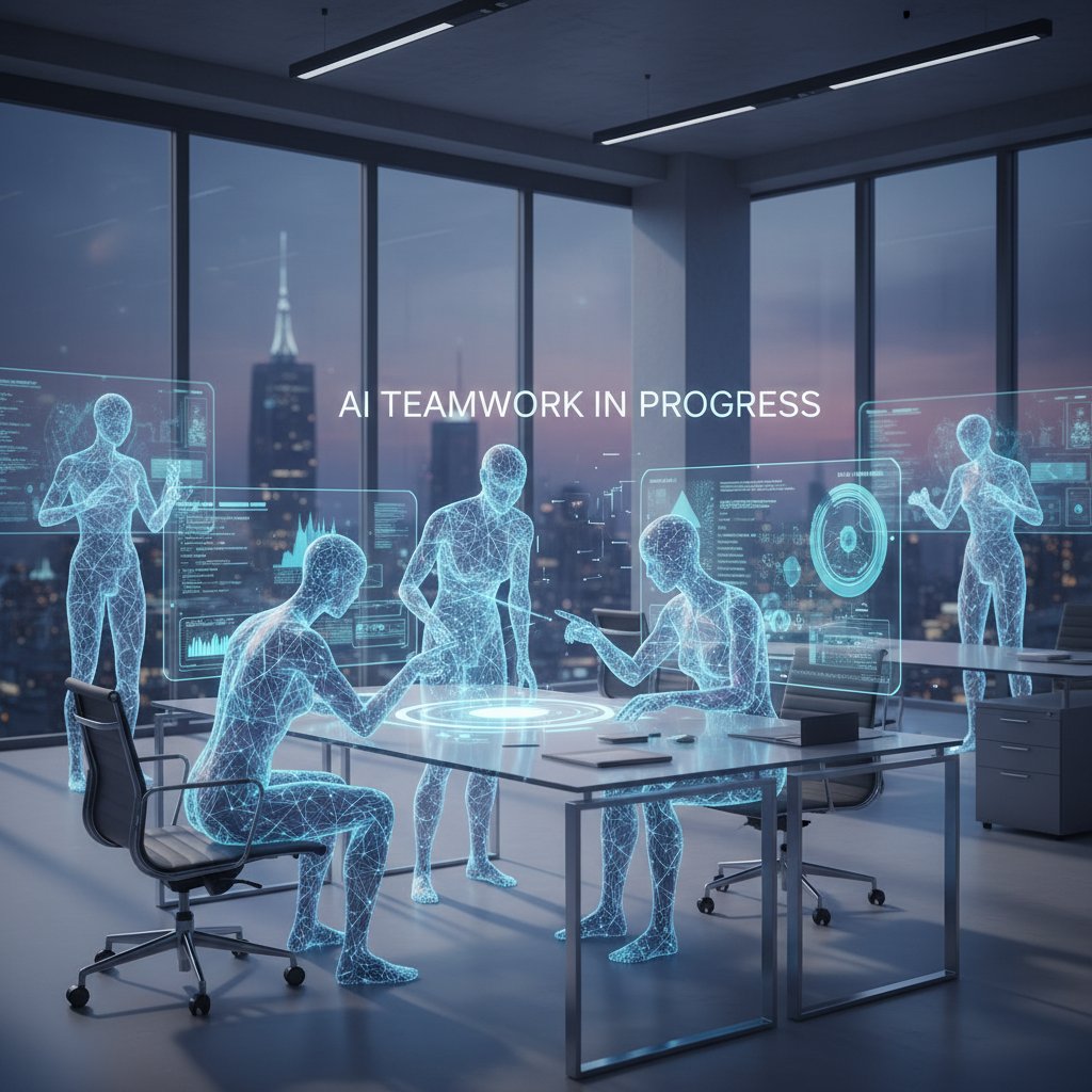 Nowoczesne biuro z zespołem pracującym nad cyfrowymi awatarami, ekrany z avatarami AI