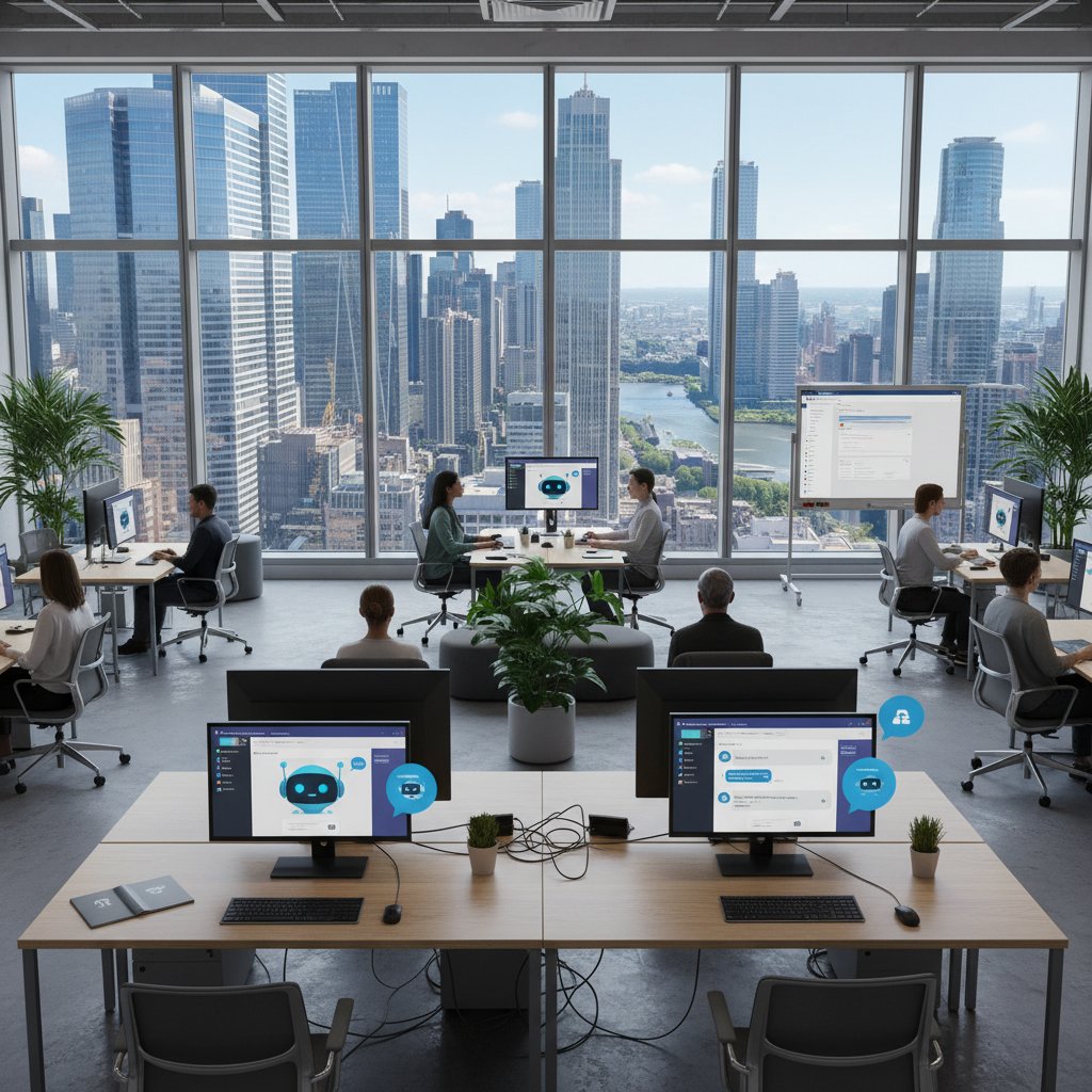 Nowoczesne biuro, zespół korzystający z chatbotów AI na różnych urządzeniach, ekran Teams, urbanistyczny widok