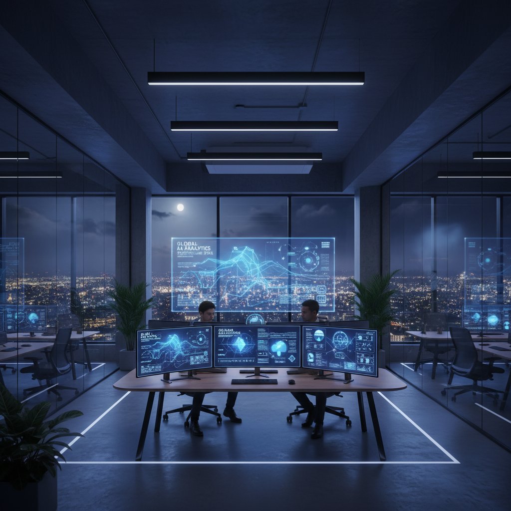 Nowoczesne biuro z dashboardami AI – automatyczna analiza operacyjna w praktyce