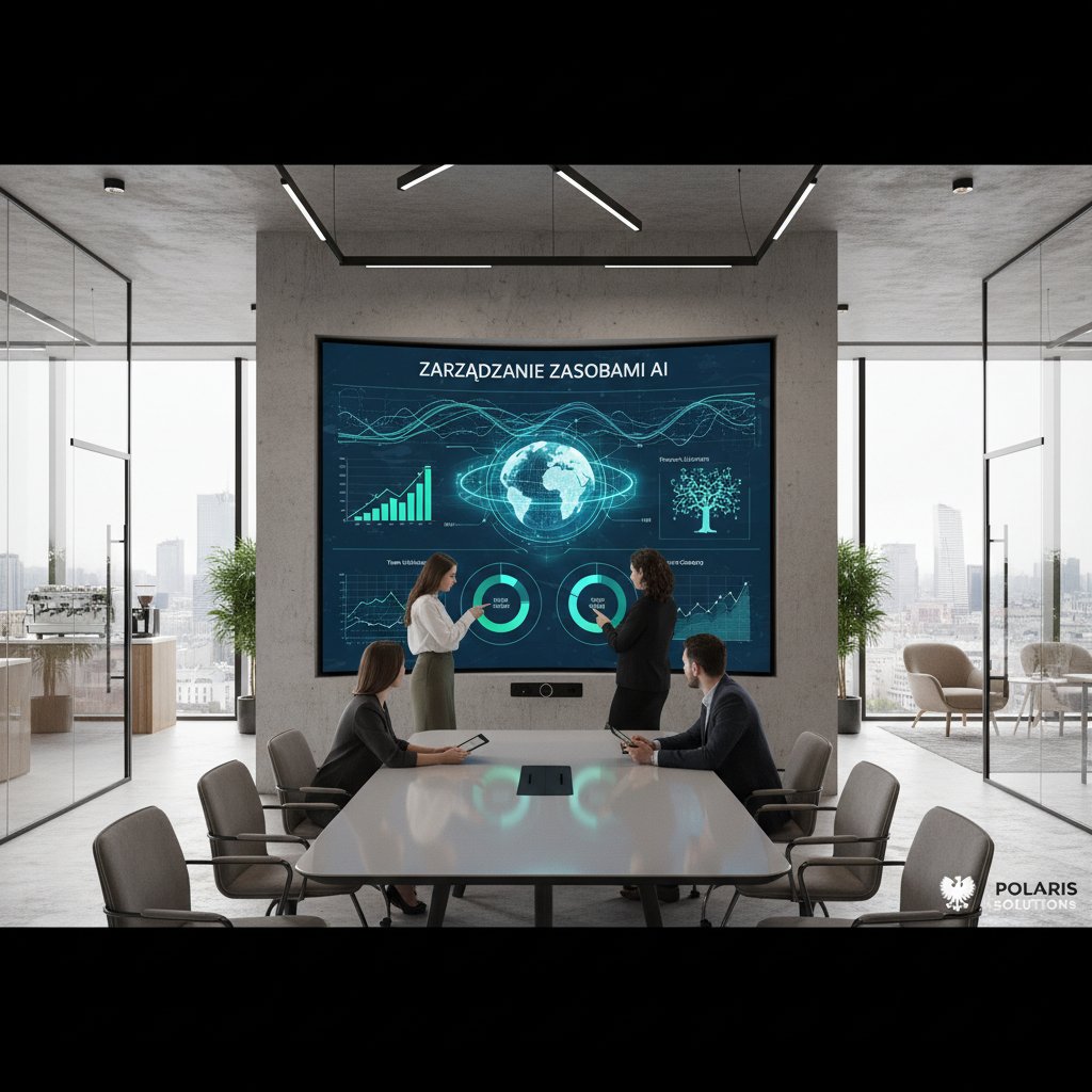 Nowoczesne biuro z ekranami wyświetlającymi AI wspomagające zarządzanie zasobami online w firmie
